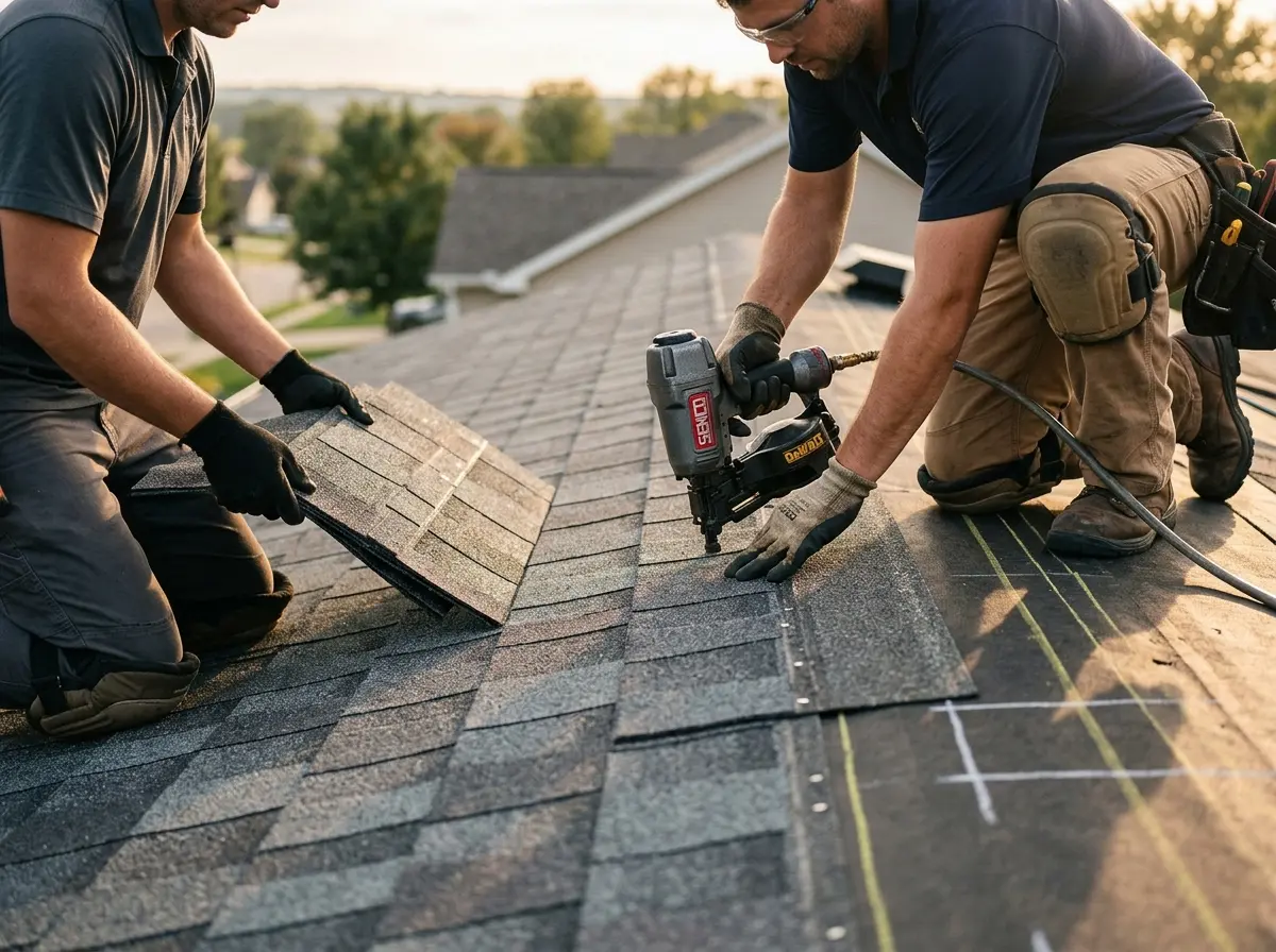 Professional roofer working on a residential roof in Laurel Bay